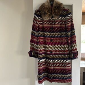 Trina Turk multi colored coat with fake fur collar